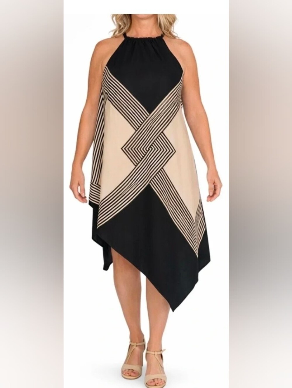 Black and Cream Geometric Halter Handkerchief Midi Dress XL NWT
